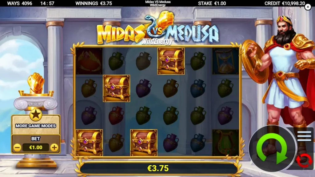 Tampilan visual slot Midas VS Medusa WildEnergy dengan elemen emas dan batu
