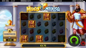 Tampilan visual slot Midas VS Medusa WildEnergy dengan elemen emas dan batu