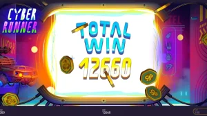 Tampilan layar permainan slot Cyber Runner dengan tema neon futuristik dan karakter cyberpunk.